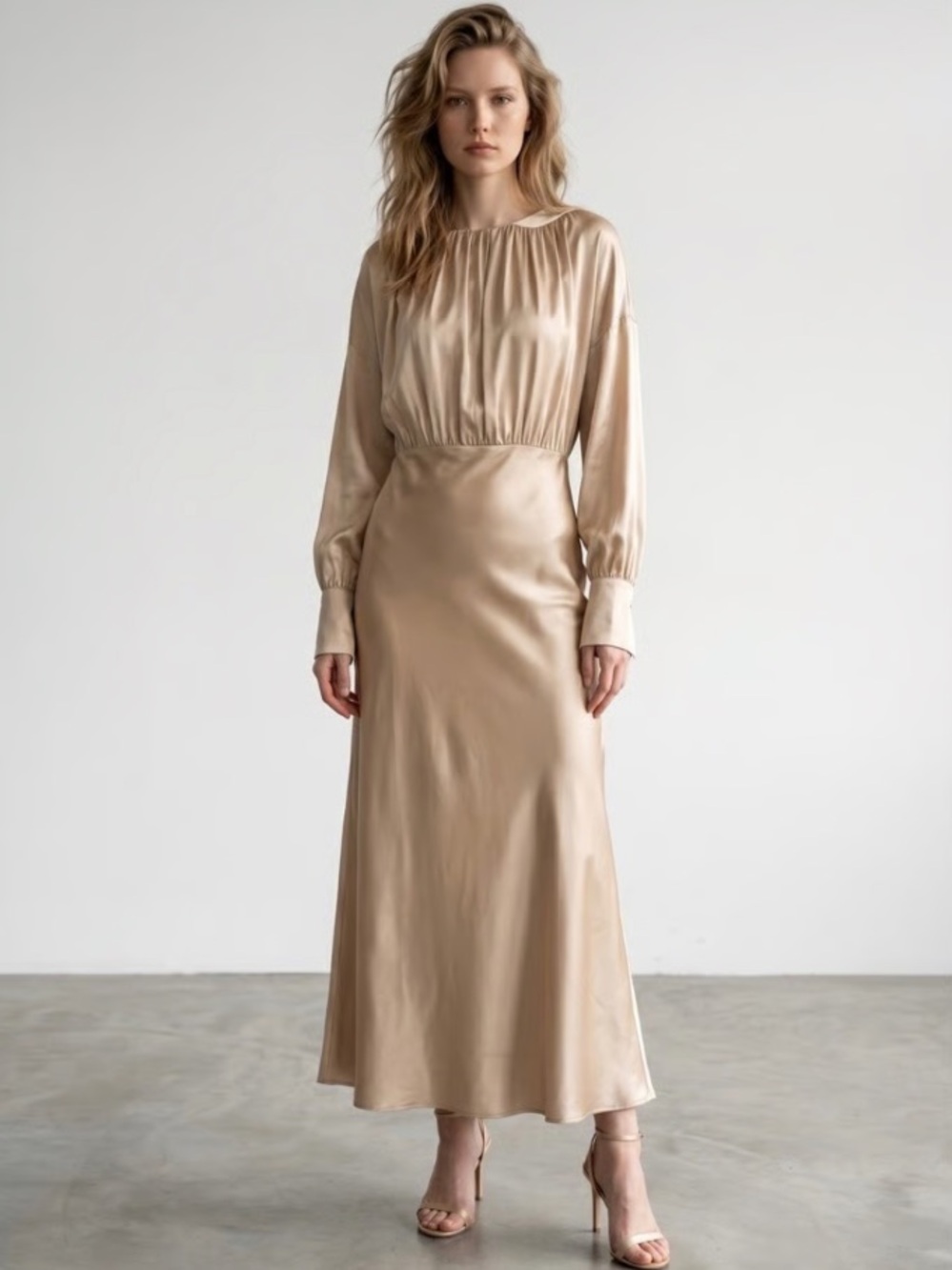 Silk Maison Dress Lavender Fields Maxi Long Sleeve Mulberry Silk in Champagne